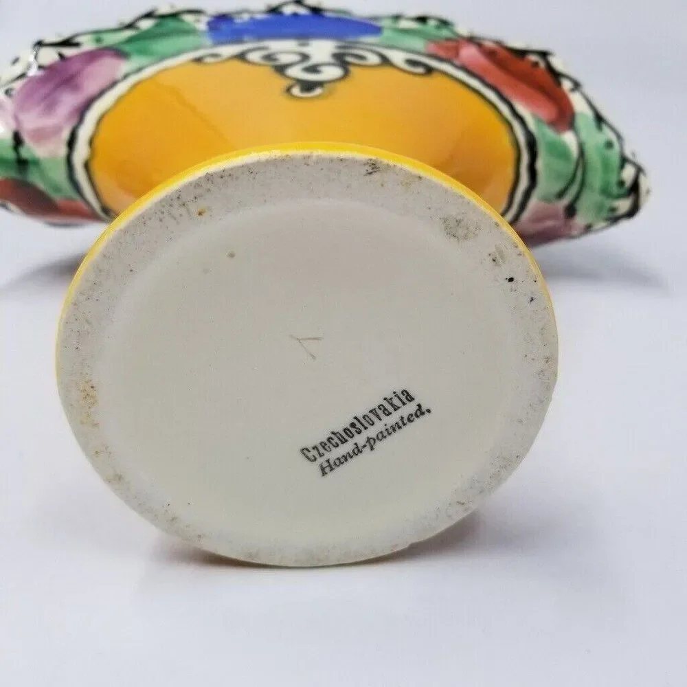 Vintage Art Deco Ceramic Fan Vase Hand Painted Yellow Blue Floral 7.5